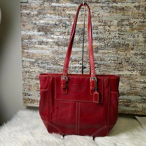 Coach Womens Red Leather Inner Pockets Bag Charm Double Handles Tote Bag OS